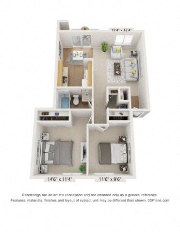 Floor plan for 2 beds, 1 bath, 1100 sqft